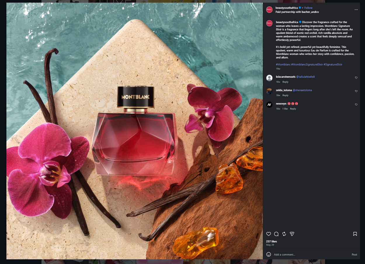 Montblanc fragrance photographed with pink orchids, vanilla, amber and turquoise water