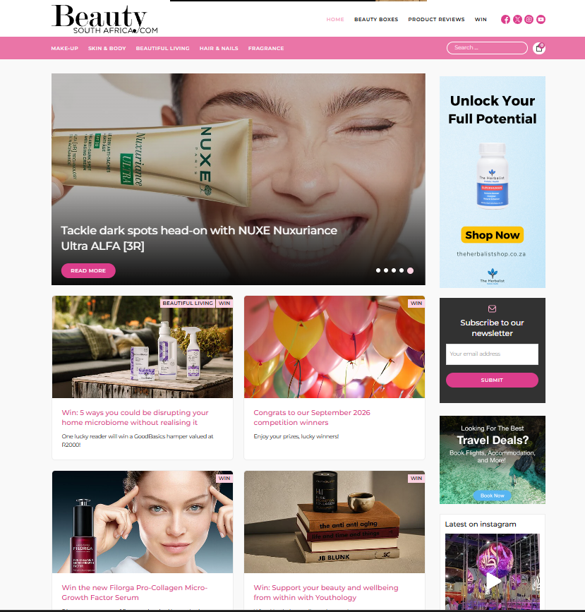 Beauty South Africa homepage showing its pink navigation, featured NUXE story, reviews, competitions and newsletter