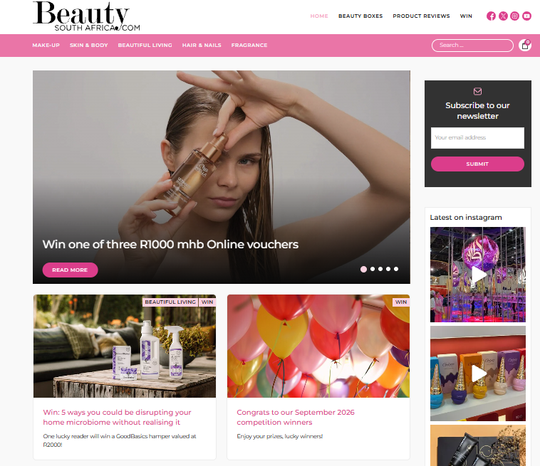 BeautySouthAfrica homepage screenshot with pink navigation, a beauty competition hero and editorial features