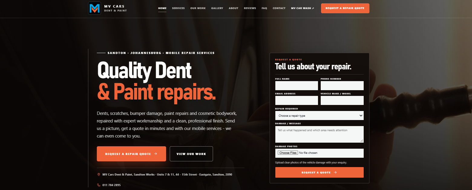MV Cars Dent and Paint website featuring vehicle repairs and a repair-quote form