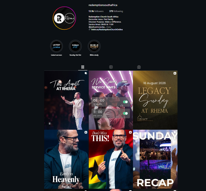 Redemption Church South Africa Instagram profile and content grid
