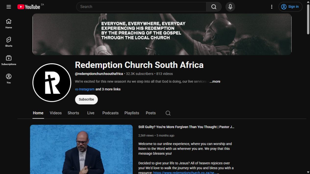 Redemption Church South Africa YouTube channel