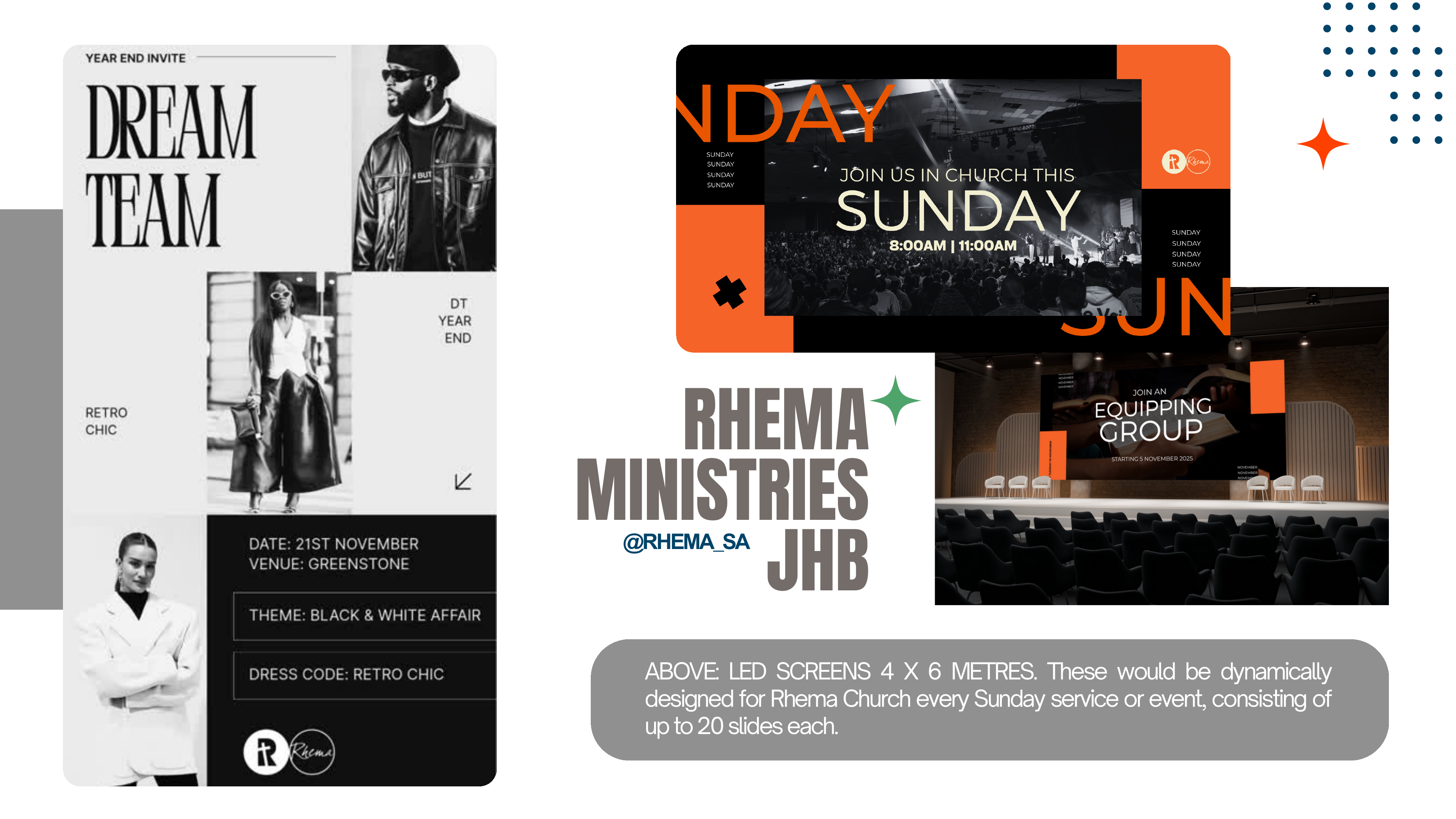 Rhema Ministries JHB campaign concept board with Dream Team, Sunday service and Equipping Group graphics